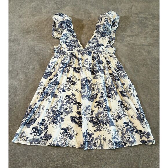 O.P.T Blue Floral Puff Sleeve Midi Dress Women’s Small Cottagecore Toile - Picture 1 of 7
